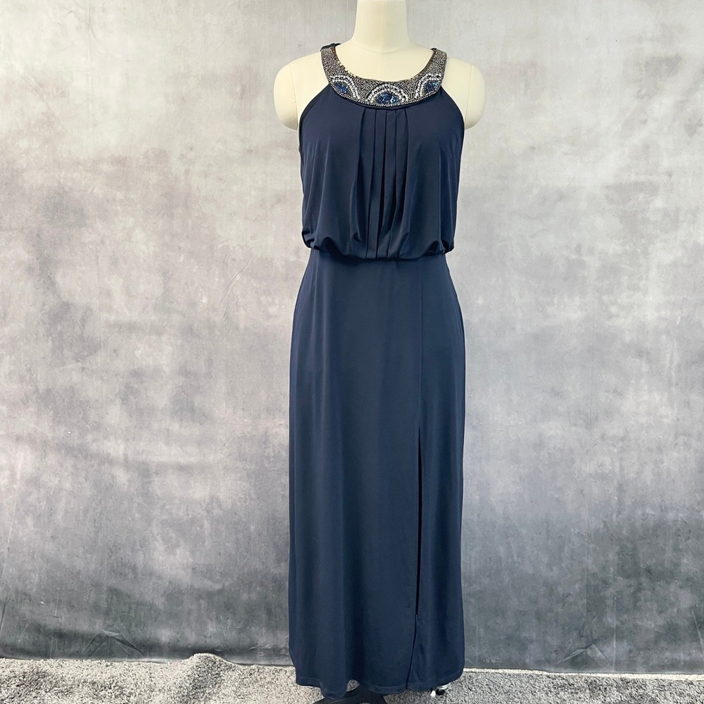 Alexa B Womens Navy Maxi Dress Beaded Rhinestone Formal Evening Gown Stretch